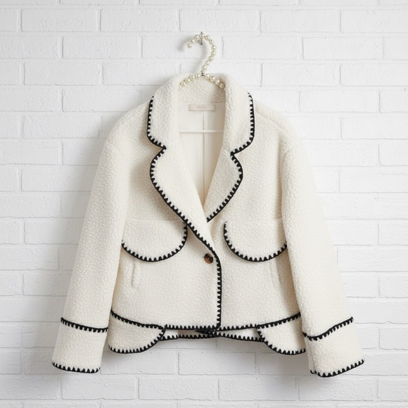 Commense Jackets & Blazers - Commense Embroidered Trim Fleece Kimono Jacket
